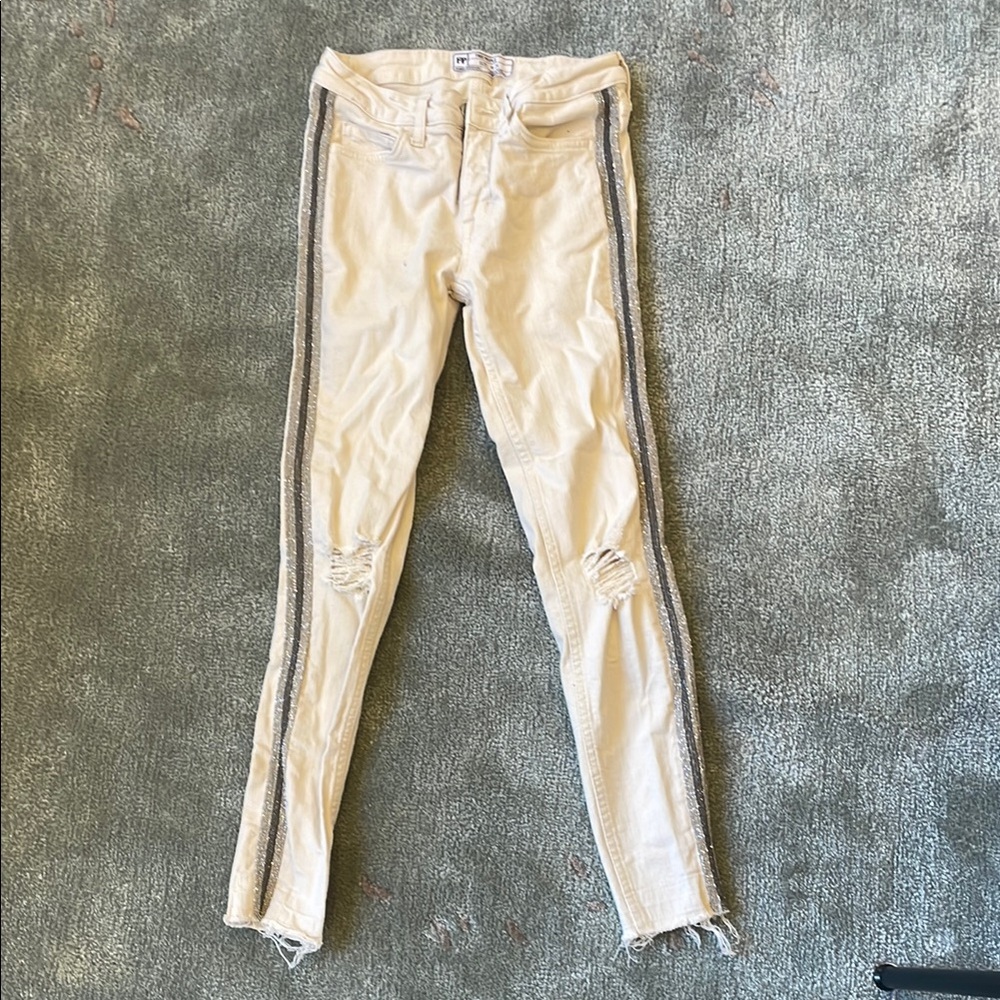 Free People ivory skinny jeans cream with beaded stripes